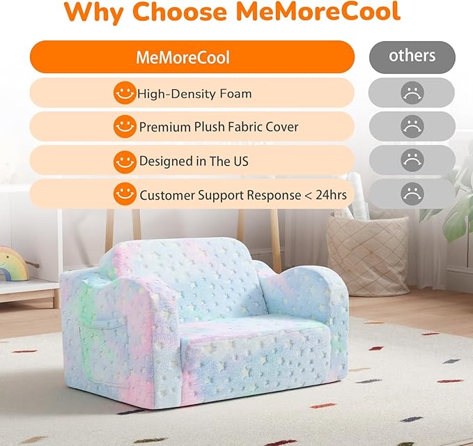 MeMoreCool Glowing Pastel Rainbow Kids Chair, 2-in-1 Foldable Kids Couch and