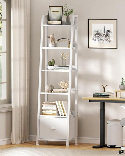 Furologee 6 Tier Ladder Shelf,Ladder Bookshelf with Drawer,Modern Tall Bookcase,Storage Rack Organizer,Wood Metal Freestanding Shelves for Living Room, Home Office, Bedroom, White