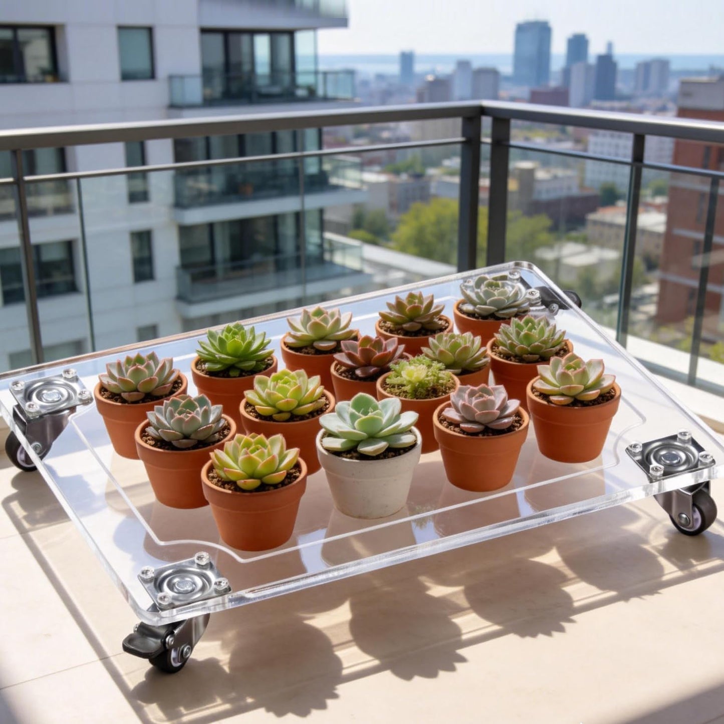 EMCOMS 1PC Transparent Clear Color Plant Caddy 10x14 inch Acrylic Heavy Duty Square Plant Stand with 2 Roller Lockable Caster Wheels,Indoor Outdoor Holds Up 150 Lbs Patio/Flower Pot/Dolly