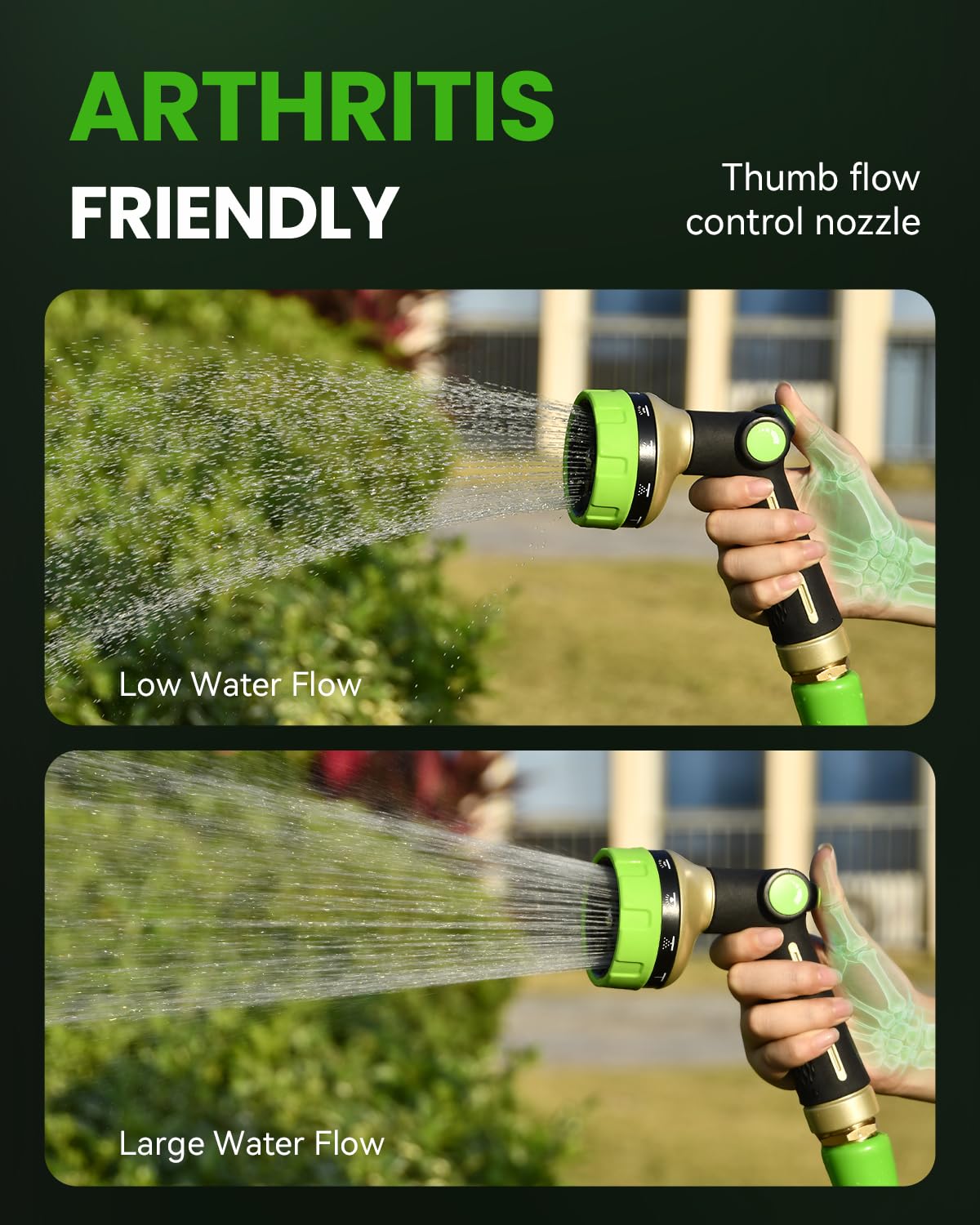 RAINPOINT Garden Hose Nozzle Heavy Duty - 100% Metal Thumb Control Spray Nozzles for Garden Hose High Pressure, 10 Patterns Water Hose Nozzle for Car Wash, Watering Lawn and Pets, Green