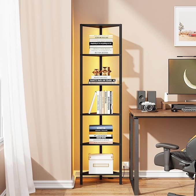 TUTOTAK Corner Shelf with LED Light, 6-Tier Corner Bookshelf