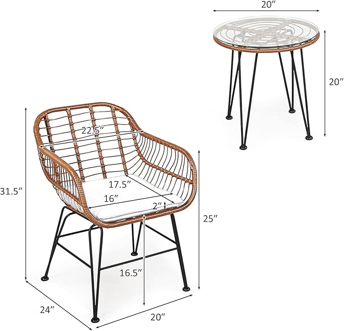 Tangkula 3 Pieces Patio Conversation Bistro Set, Outdoor Wicker Furniture
