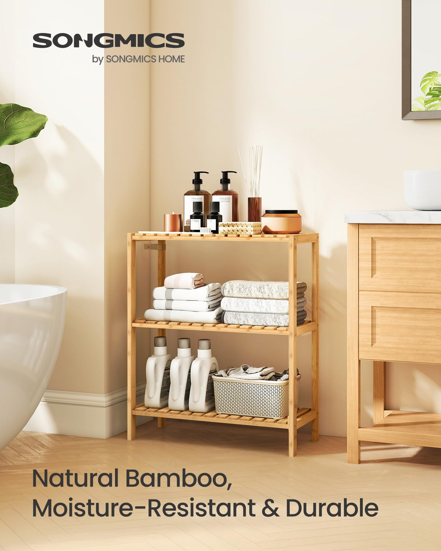 SONGMICS Bamboo Storage Shelf, 3-Tier Shelving Unit, Multifunctional, in The Entryway, Bathroom, Living Room, Balcony, Kitchen, 10.2 x 23.6 x 26 Inches, Light Bamboo UBCB33Y