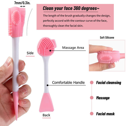 Silicone Facial Cleansing Brush 3 Pack, Beomeen 4 in 1 Handheld Face Scrubber for Deep Gentle Exfoliating, Double-Ended Face Wash Scrub Brush for Face Skincare and Massage (Green)