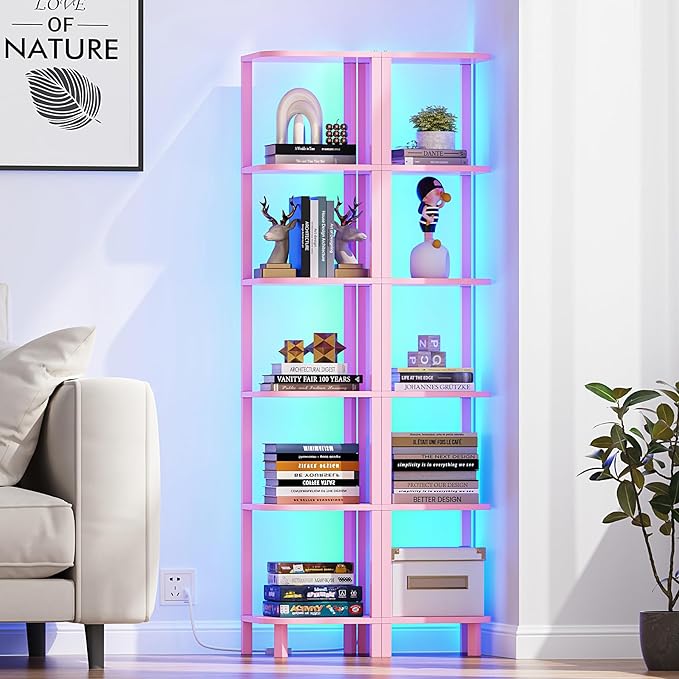 TUTOTAK Corner Shelf with LED Light, 6-Tier Corner Bookshelf