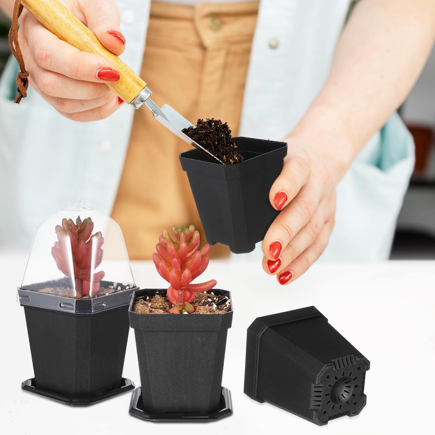 LIOOBO Black Plant Nursery Pots: 5Pcs Seeding Starter Pots, 3 Square Nursery Pot with Humidity Dome, Plastic Plant Container for Garden Vegetable Flower Germination