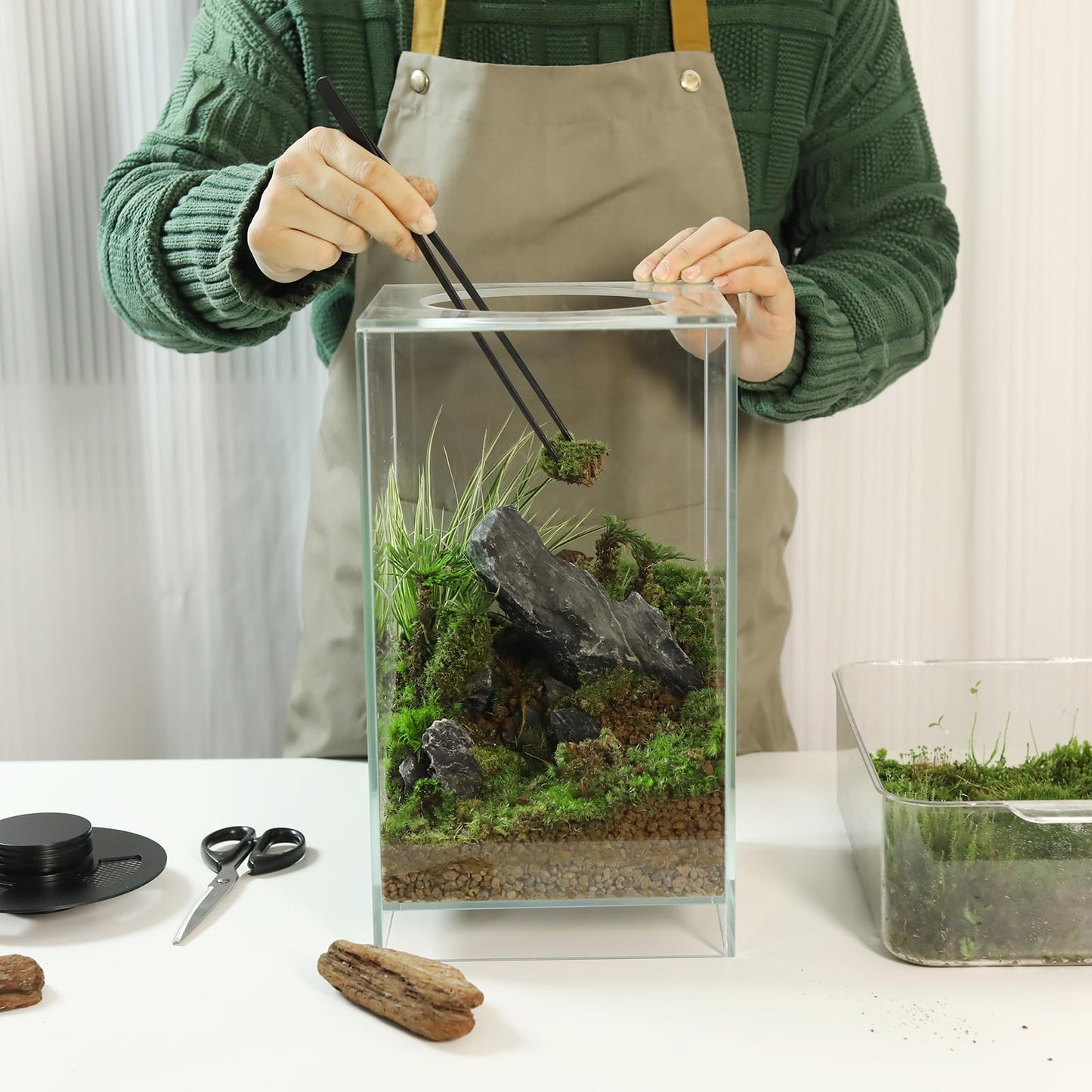 Desktop Glass Plant Terrarium with Grow Light(L7.8 W7.8 H14), for Succulent, Moss, Miniature Gardening Landscape, Betta Fish Tank, Indoor Plant Growth, Office Home Decoration (TimeControlled)