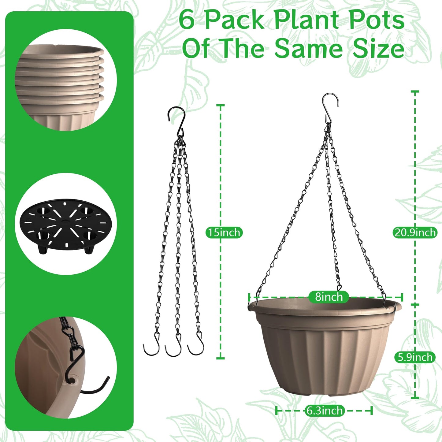 FGstyle 6 Pack Hanging Planters 8 Inch,Self Watering Pots for Indoor Plants,Plastic Hanging Basket with Soil Elevator and 20" Chain for Home Garden Porch Balcony Patio Decor(Beige)