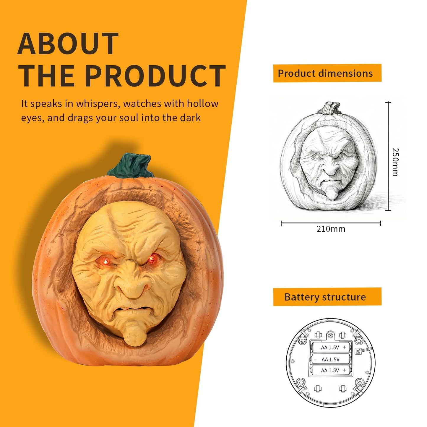 SeasonFable Whispering Gourdon Halloween Animated Pumpkin, Resin, Flickering Red LED Eyes, Eerie Talking Effect, Battery Powered, Horror Style, Indoor Decor