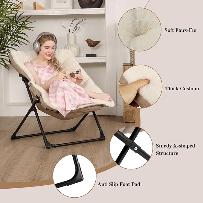 Comfy Saucer Chair for Adults, Soft Faux Fur Bedroom Chair, Accent Dorm Chairs