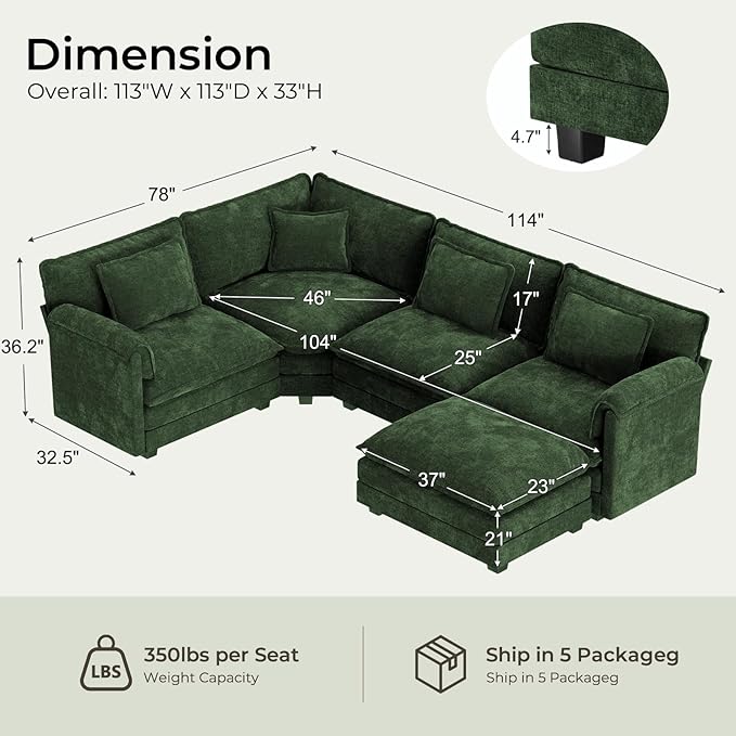 ELUCHANG 114" Oversized V-Shaped Cloud Couch Modular Sectional Sofa