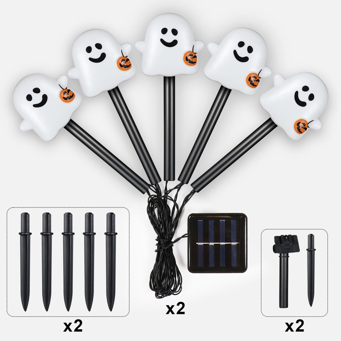 BRIGHTDECK Solar Halloween Ghost Pathway Lights, 10 Pack Ghost Stake Lights with Pumpkin Design, Durable Waterproof Outdoor Halloween Decoration for Garden, Walkway, and Yard (Cold White)