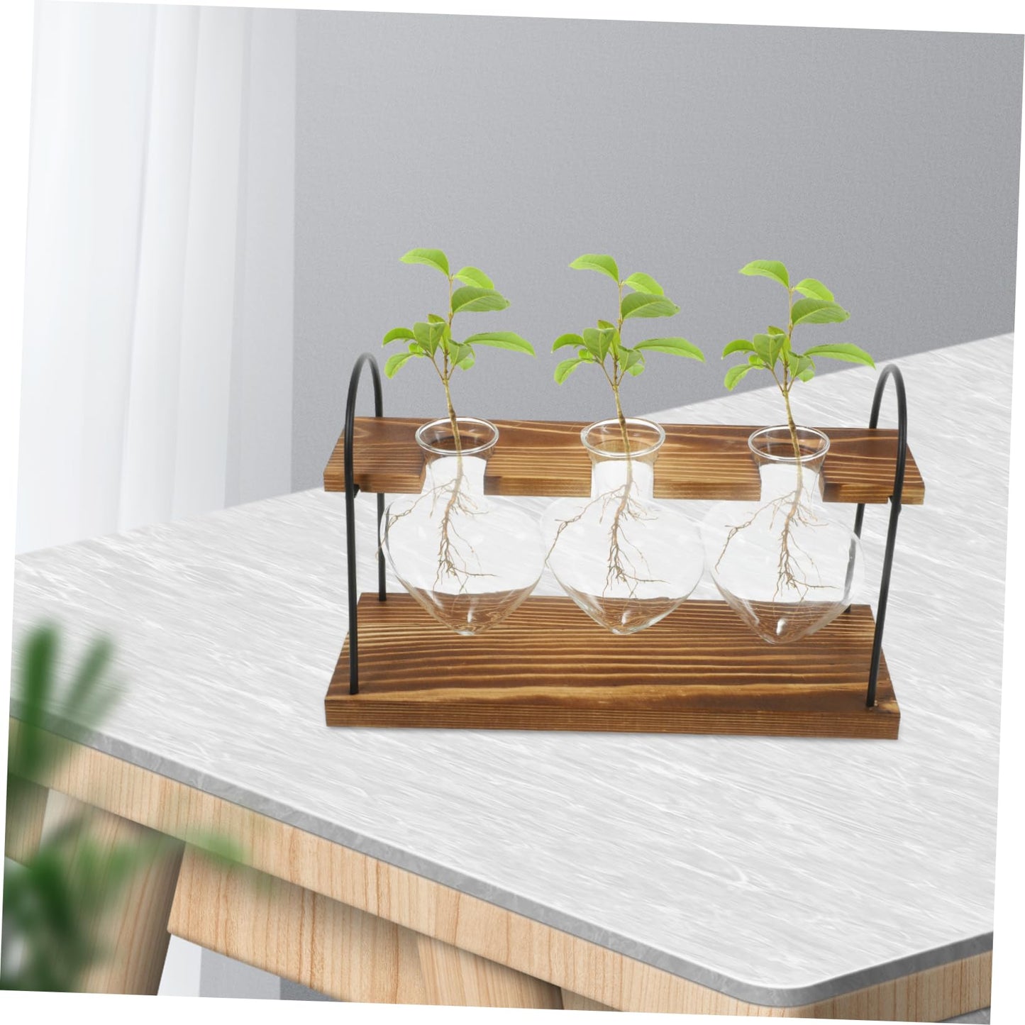 JOINPAYA 1Set Heart-Shaped Glass Plant Terrarium with Wooden Stand Hydroponic Vase for Indoor Water Plants Air Plants Desktop Container for Home Office Decor