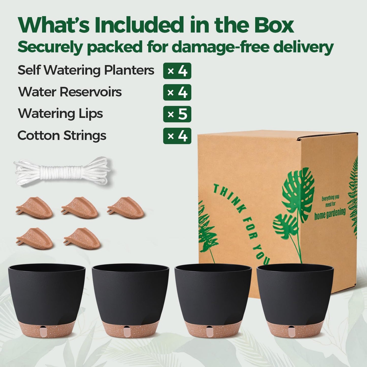 T4U 6 Inch Self Watering Pots for Indoor Plants - Mess-Free Bottom Watering Planter for Herbs/Pothos/Succulent Plants, Indoor Outdoor Use (Black, 4 Pack)