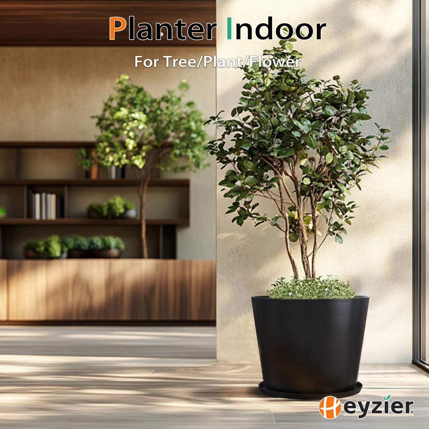 Heyzier Wide Planters for Outdoor Plants, Extra Large Indoor Flower Pots for Garden, Front Porch, Patio - Round Resin Planter Set of 2 (Black, 16" D x 14" H)
