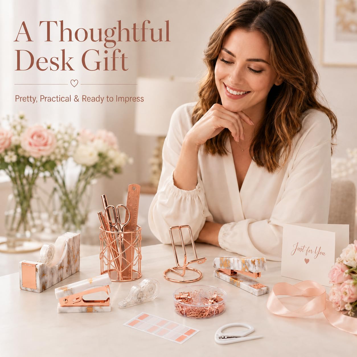 Office Desk Accessories Supplies - 14 Pcs Women Rose Gold Marble Desk Decor Set, Cute Aesthetic Office Essentials Kit, Stapler Tape Dispenser Pen Organizer, Acrylic Mini Teacher Stuff for School Home