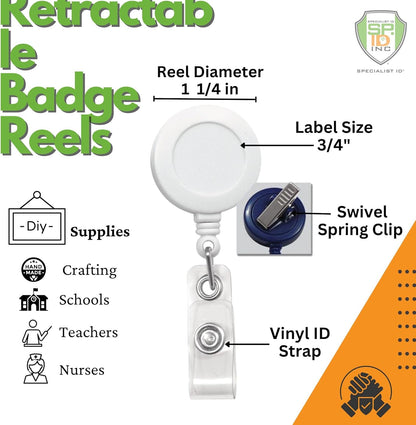 Bulk 25 Pack - Premium Retractable Badge Reels with Alligator Swivel Clip on Back by Specialist ID (White)