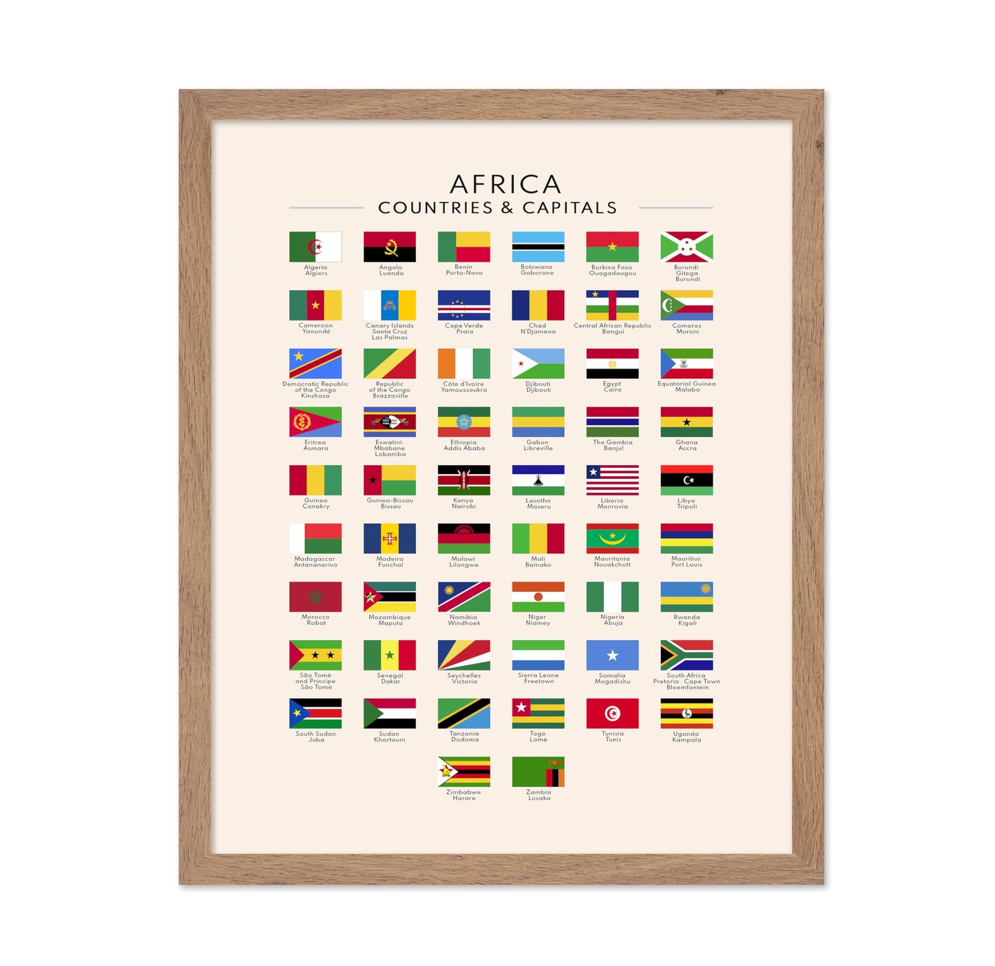 Poster Master Flags of Africa Poster - African Countries & Capitals Print - Learning Materials Art - Flag Art - Gift for Students & Teachers - Decor for Classroom or Library, 11x14 Beige Framed