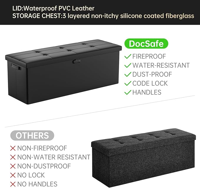 DocSafe Storage Ottoman Bench, Fireproof＆Waterproof Folding Bench