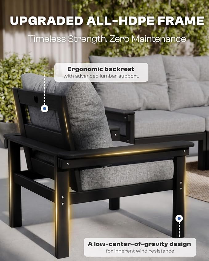HDPE Outdoor Patio Furniture Set, 10-Piece Patio Conversation Sets with Coffee Table & Grey Washable Thick Cushions, Outdoor Sofa for Garden, Balcony, Porch, Yard, Lawn (Black Frame)