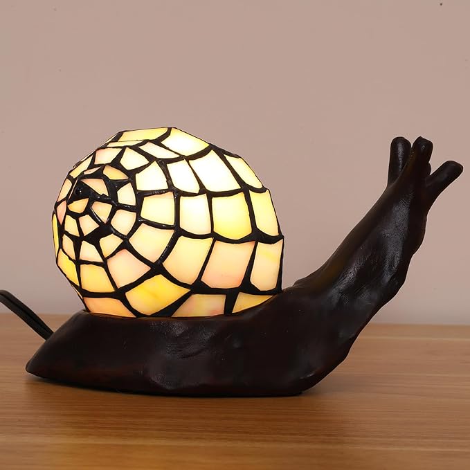 Tiffany Style Pink Snail Accent Table Lamp Handmade Stained Glass Shade Night Light for Kids with 3 Color Temperatures LED Bulb - Ideal Gift for Home Decor(8" D x 5." W x 5." H)