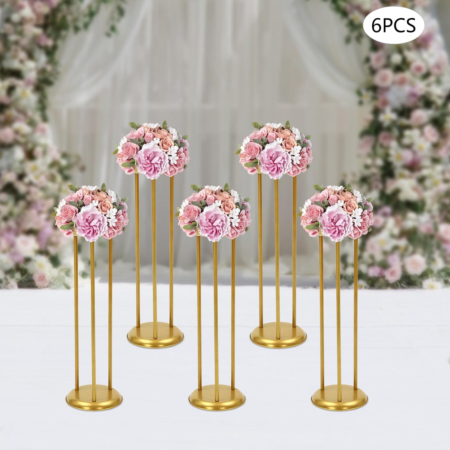 JINHZIXIU 6 Pcs Flower Display Stand 23.6in Column Flower Stand Gold Road Lead Centerpiece Vase Decorative 60cm Metal Flower Floor Vase Flower Holder for Wedding Home Party Centerpiece