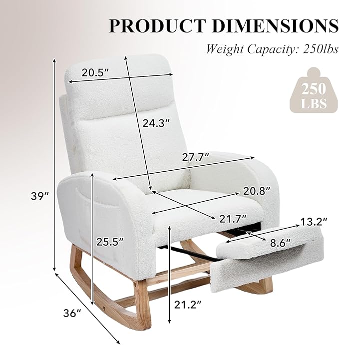 NIOIIKIT Oversized Nursery Rocking Chair, Teddy Upholstered Glider Chair