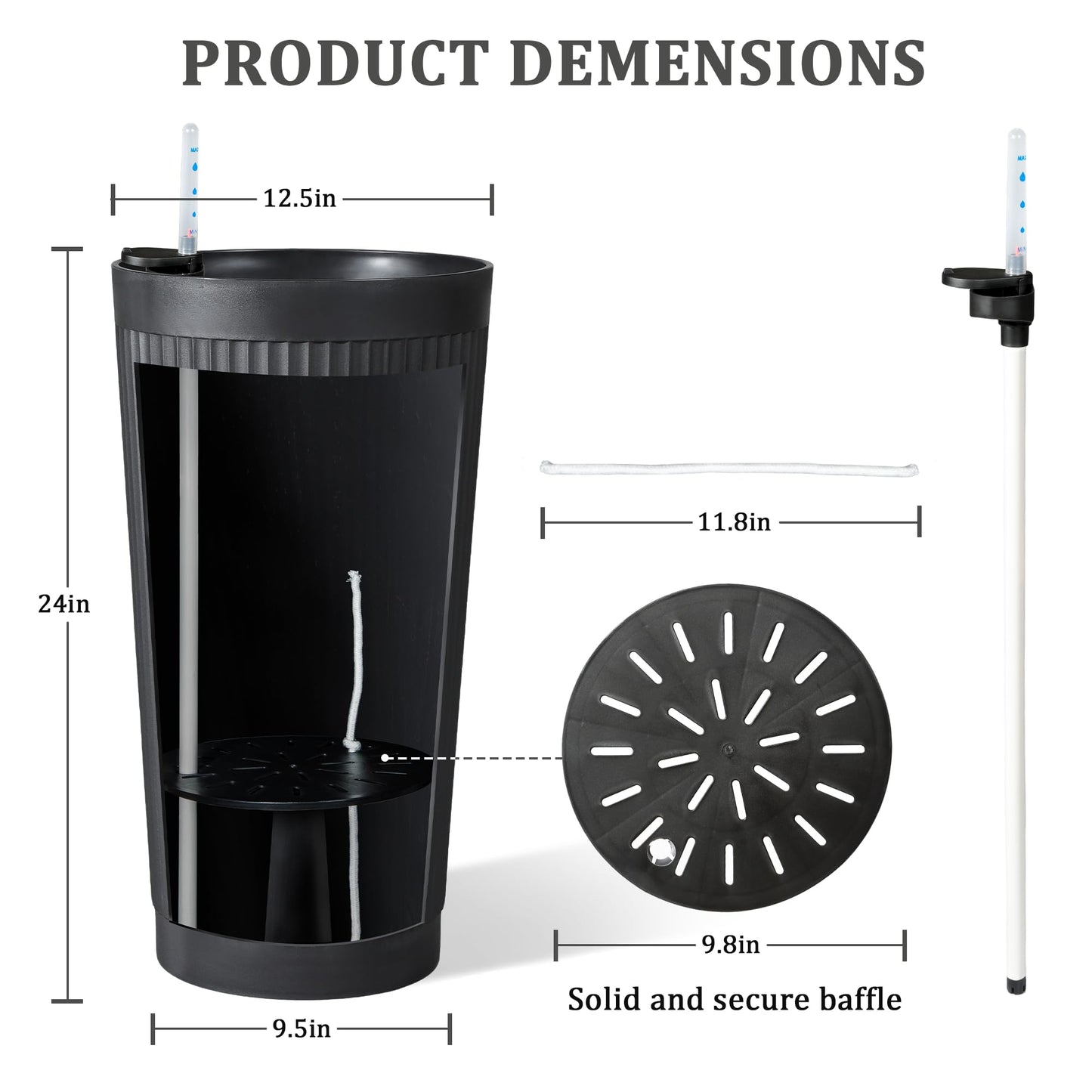 PolarcoForgeco Self Watering Tall Black Planters Outdoor Set of 2, 24” Flower Pots Planters for Outdoor Plants, Modern Plastic Tall Planter for Front Porch, with Drainage Hole (Ribbed)