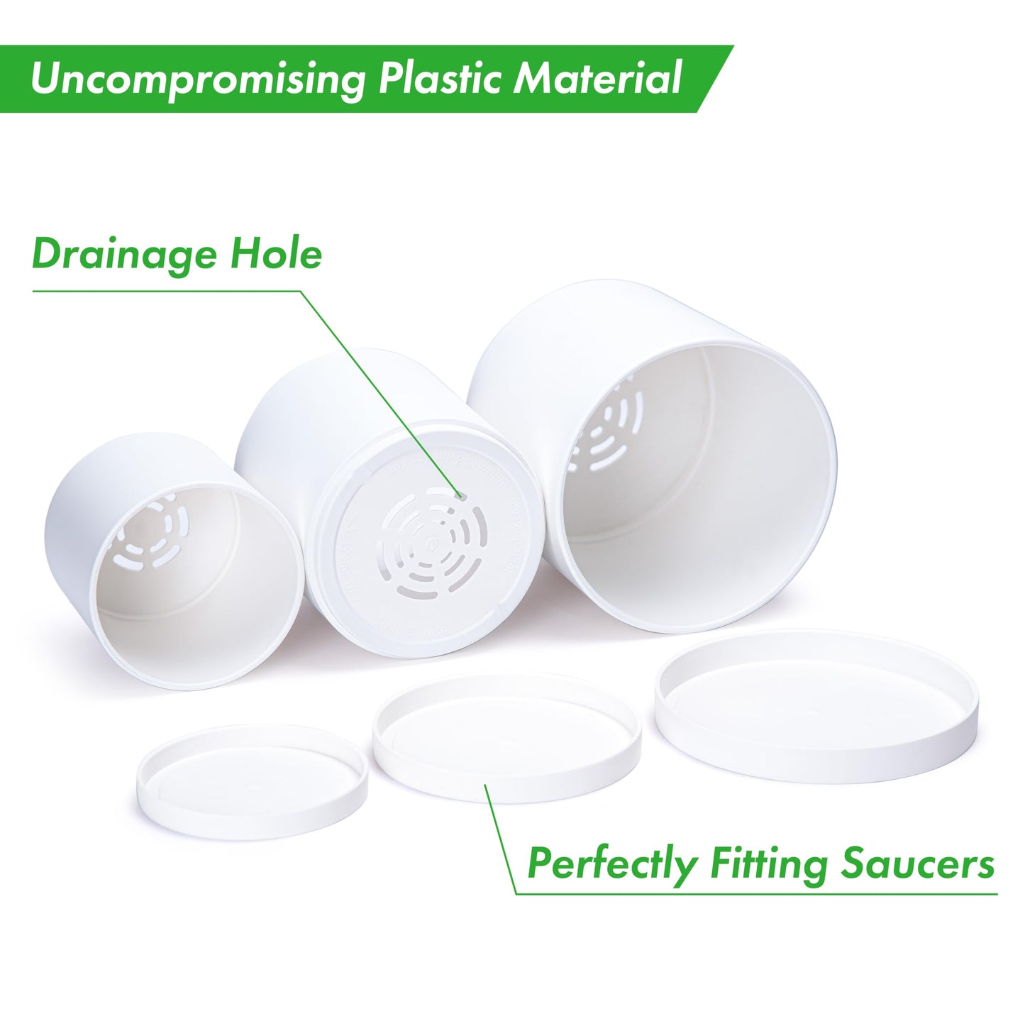 D'vine Dev 4 Inch 5 Inch 6 Inch, Set of 3 Plastic Planter Pots for Plants with Drainage Hole and Seamless Saucers, White Color, Small, 74-V-A-1