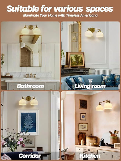 2-Lights Milk White Glass Wall Sconce Lighting Brass Finished, Double Arm Bathroom Vanity Light Fixture for Bedroom Living Room Dining Room Hallway