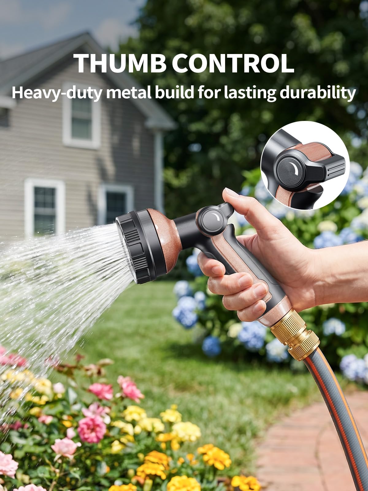 Garden Hose Nozzle, Metal Water Spray Nozzle with 8 Spray Patterns & Thumb Control, Heavy Duty Full Shower Water Nozzle for Lawn & Plant Watering, Car & Pet Washing, Black