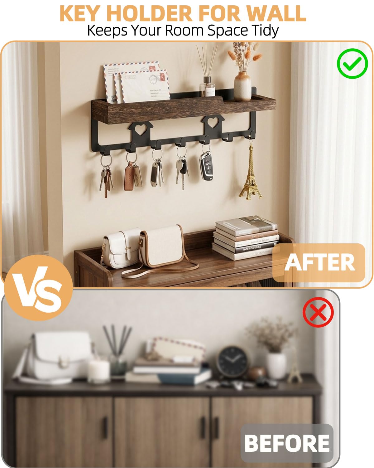 lucdnc Key Holder for Wall with Tray,Decorative 7 Metal Hooks and Paulownia Wood Shelf,Entryway Organizer for Mail,Keys,Sunglasses -Wall Mounted Key Hooks for Office Home Decor Key Rack