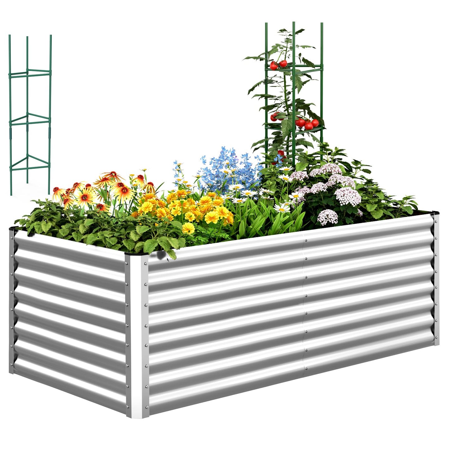 Quictent Galvanized Raised Garden Bed 6x3x2 Ft Metal Planter Box Bottomless for Backyard, Include 1 pc Tomato Cage, Silver
