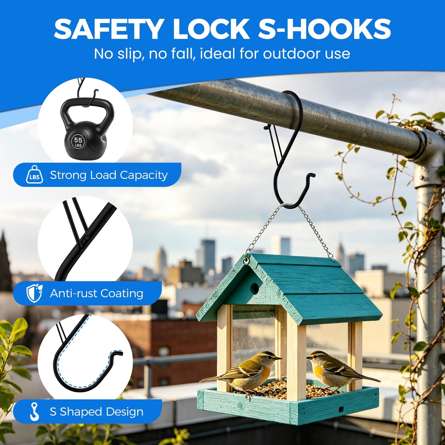 HCTESCO Heavy Duty Large S Hooks, 4.96 inch, Black, Set for Hanging Plants, Carabiners, Kitchen Cabinet Handles,s Hooks Buckle Side is Suitable for mostrods,Less Than 1.2inch in diamete(16)