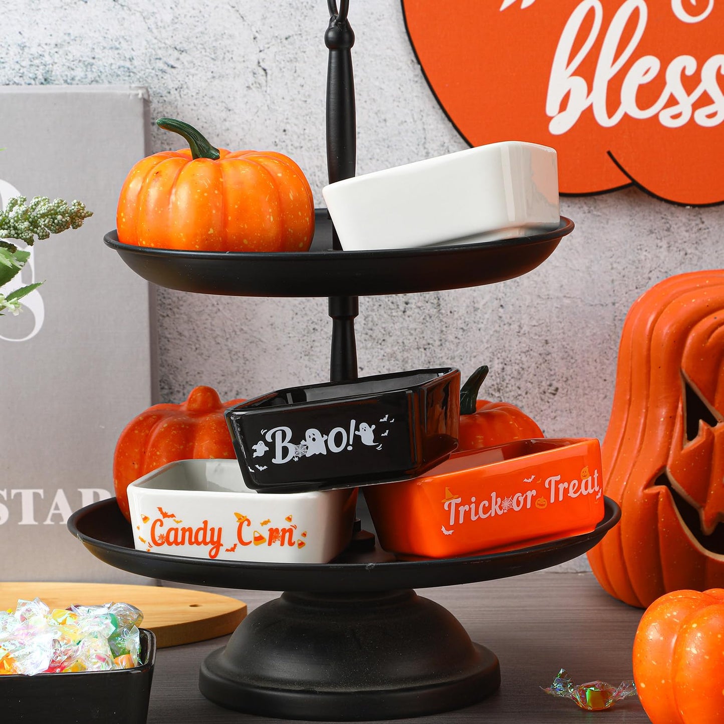 Tanlade 3 Pcs Halloween Candy Bowl Mini Dish for Tiered Tray Decoration, Ceramic Candy Corns Bowl, Party Supplies Holder for Farmhouse Home Housewarming Gift