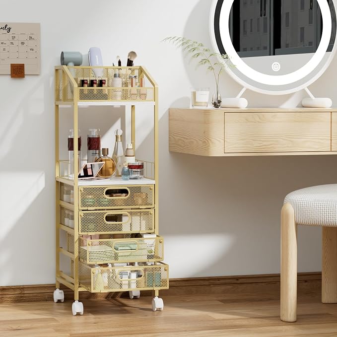HapiRm Makeup Organizer Storage Cart - Floor Skincare Make Up Storage with 4 Drawers, Rolling Makeup Cart Vanity Organizer Cosmetics Display Cases Holder for Skin Care Perfume Nail Polish, Gold