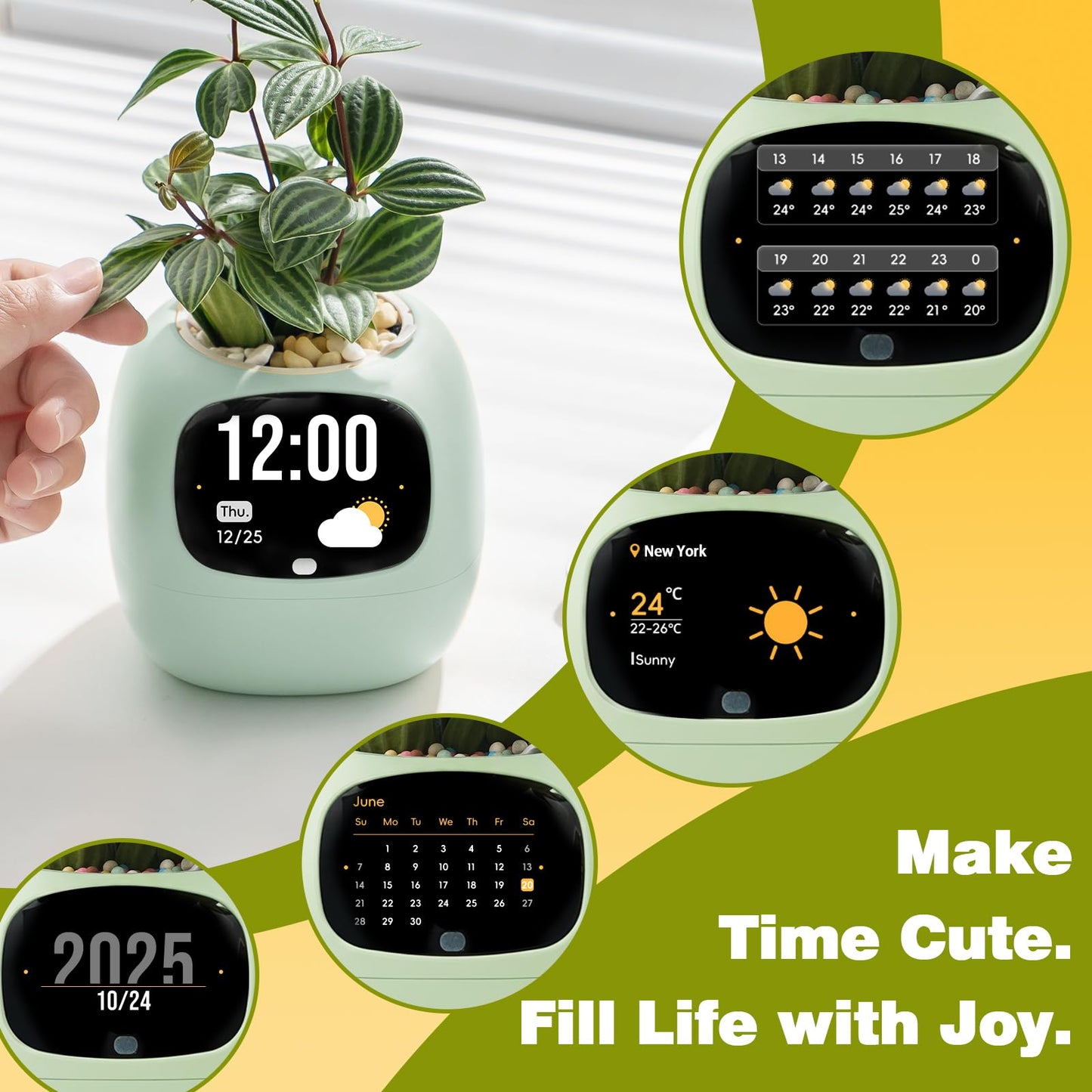 Smart Plant Pot with Visual Display – Soil Moisture, Water Level, Light & Battery Monitor, 80ml Self-Watering Reservoir, Supports 100+ Plants, Pomodoro Timer, Clock & Calendar-Green