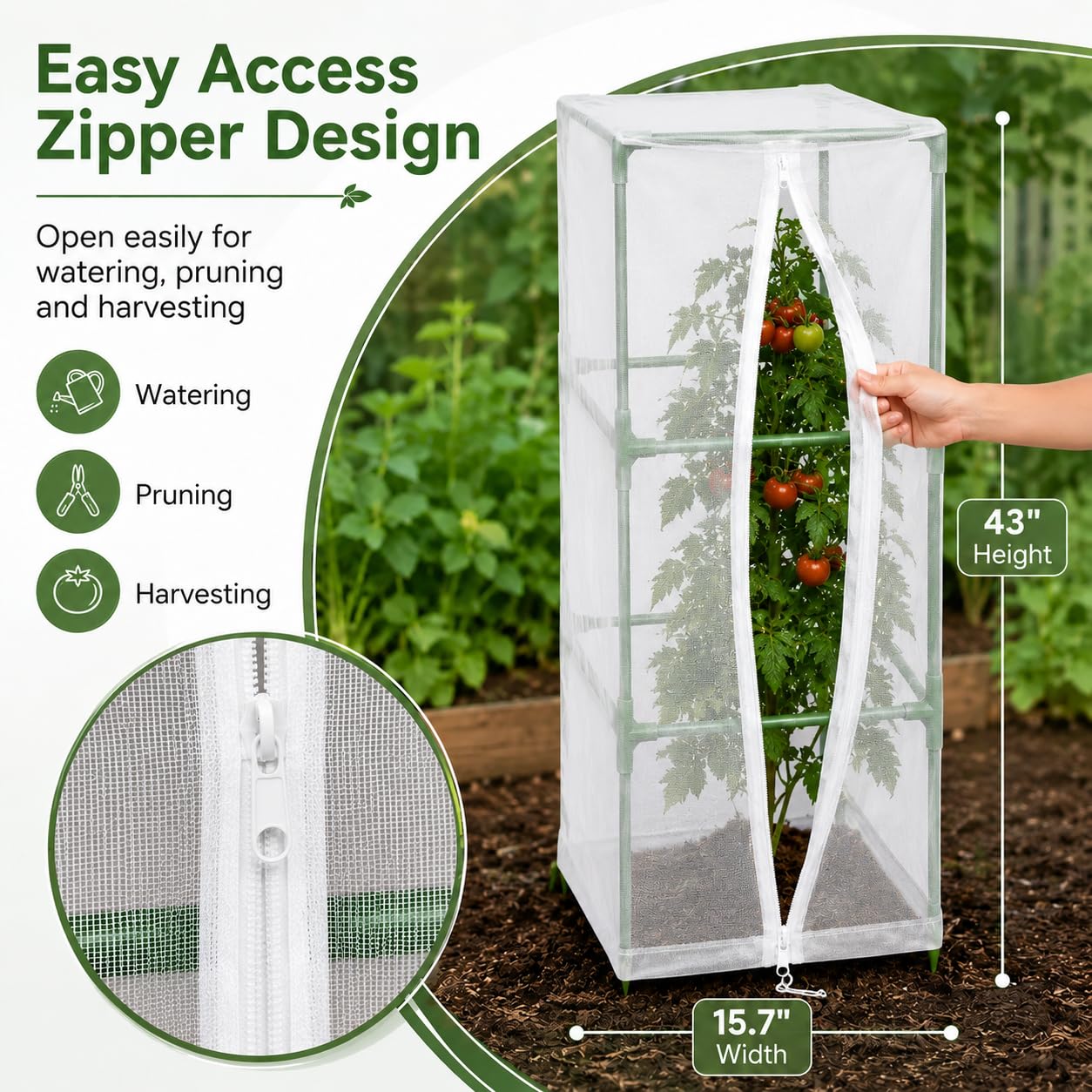 Halatool Garden Tomato Plant Cover Netting, Fits 40–50" Tall Square Tomato Cages, Garden Bird Netting with Zipper & Drawstring, Insect Barrier, Plant Covers from Insects Animals, 2 Pack, 43"×15.7"