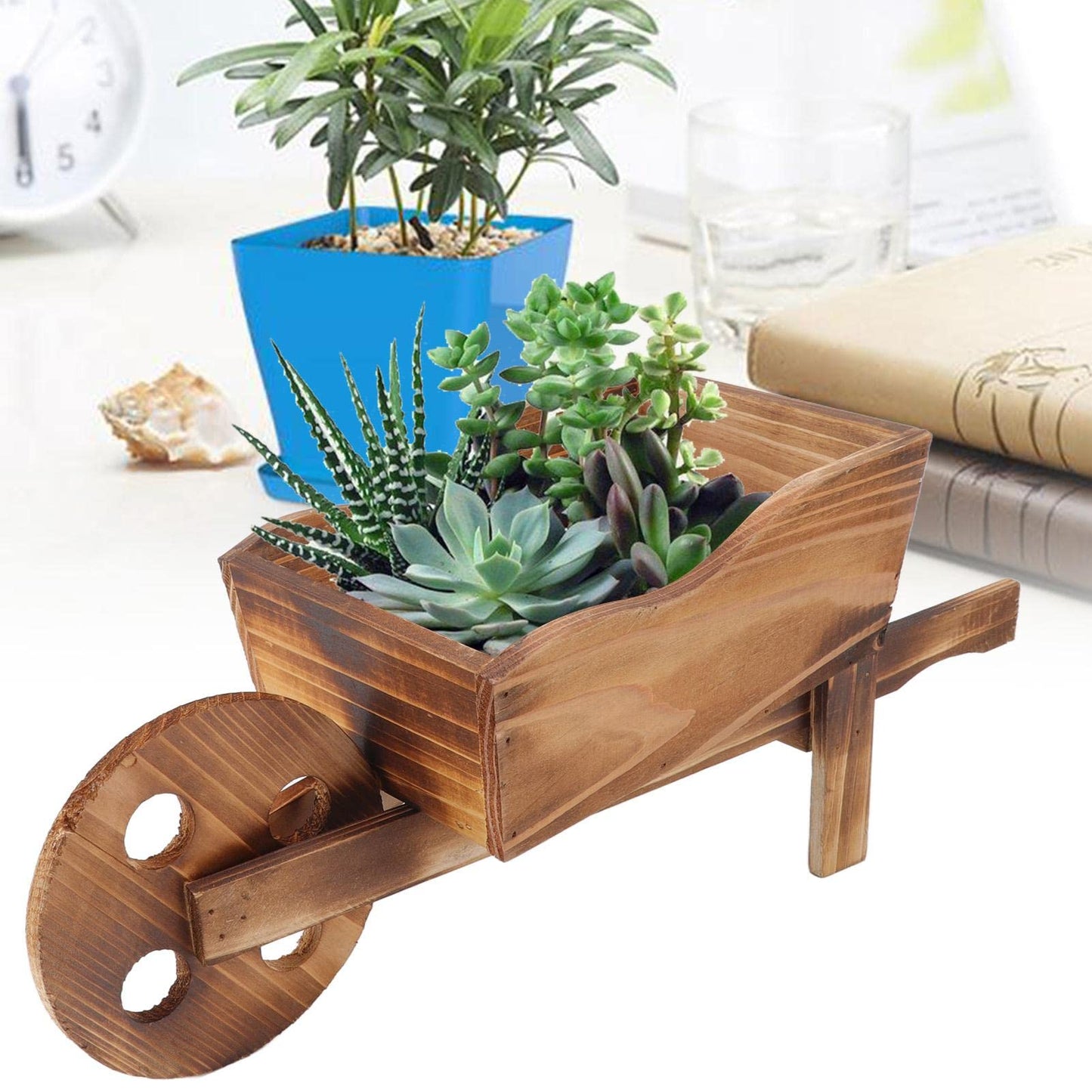 LeMall Small Wooden Planters, Planters Wooden Wagon Cart Planter Box Garden Decor Wheelbarrow Planter Ornament Succulent Planter Indoor & Outdoor Backyard Decor + 4 Potted Gadgets