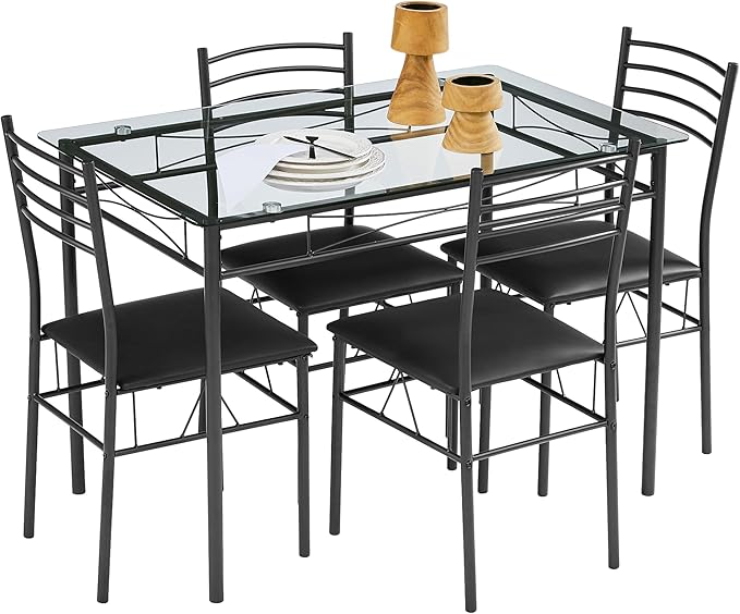 VECELO Dining Table Set for 4, 5-Piece Glass Kitchen Table