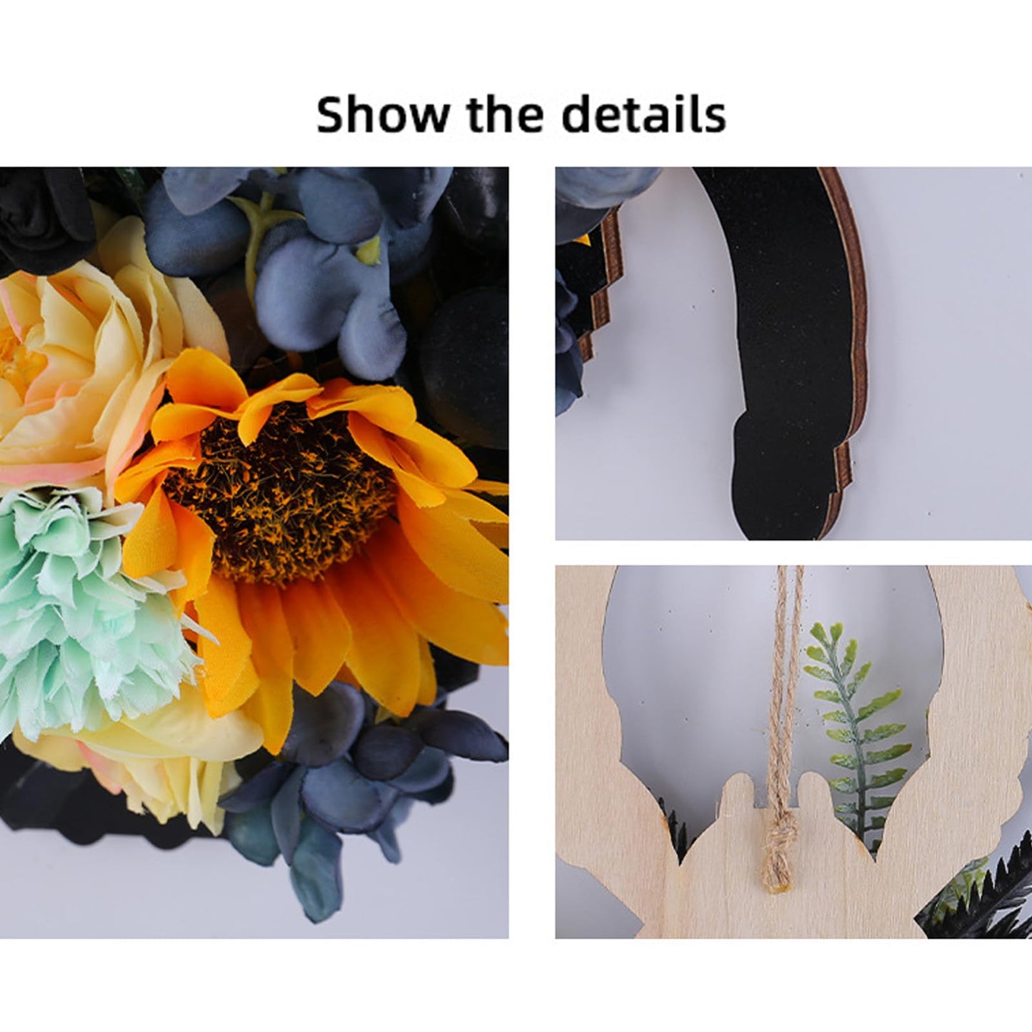 Halloween Spider Wreath with Sunflowers and Black Feathers, Wooden Pendant for Front Door Decoration Fall Halloween Party Decor Supply