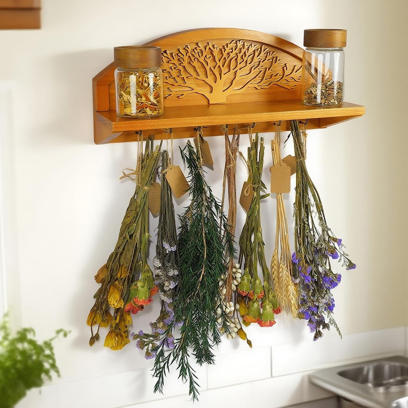 Tnstbiee Hanging Herb Drying Rack - Artistic Life Tree Design. Space-Saving Kitchen Flower Dried Grass Display,Holds 7 Bouquets. For Witches & Gardeners Gifts for Crafters, Wall Art Décor