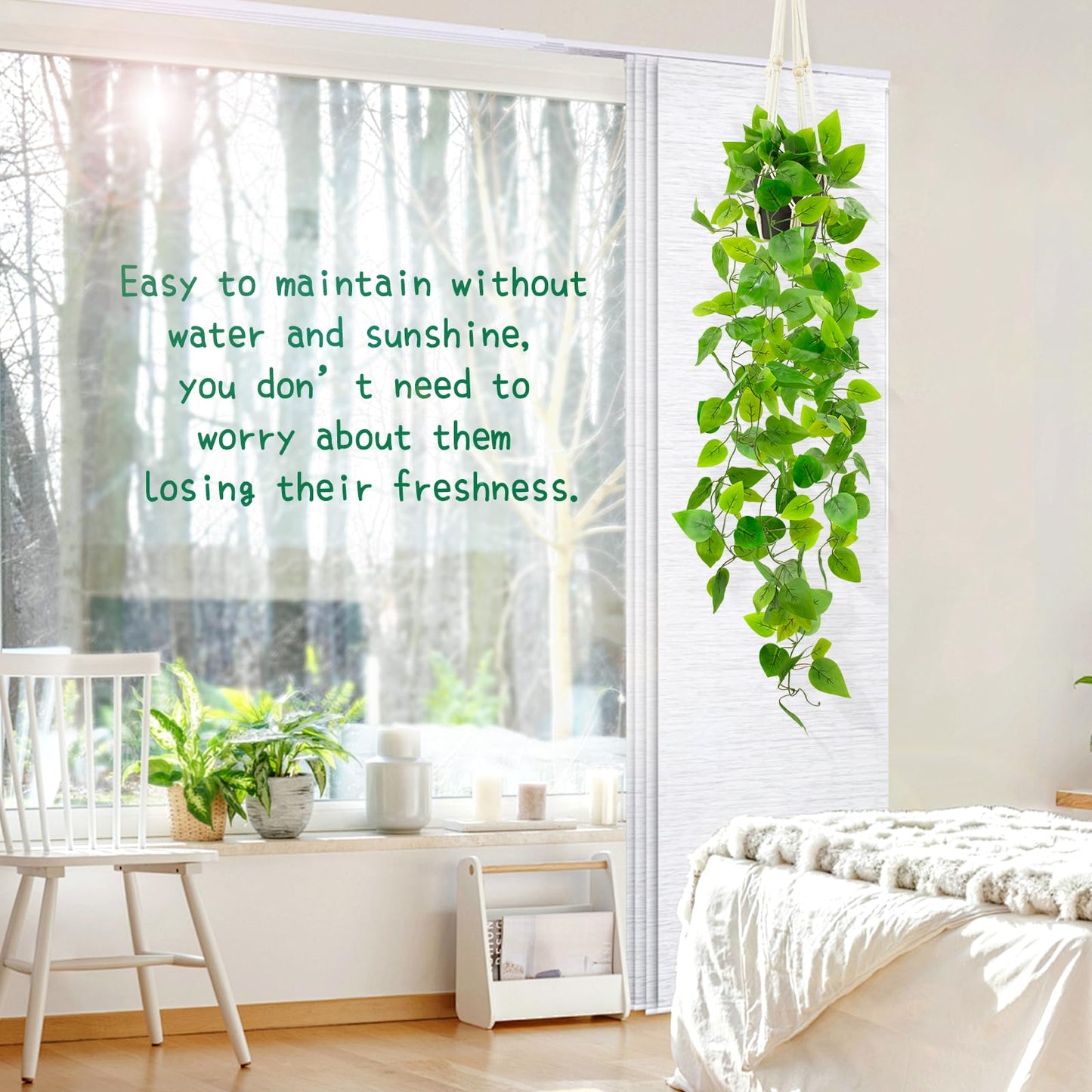 LUZOGA Fake Pothos in Rope - Hanging Pot, Artificial Pothos Plants for Home Decor Indoor Macrame Plant Hanger with Faux Vine Hanging Planter Greenery for Bedroom Bathroom Kitchen Office Decor