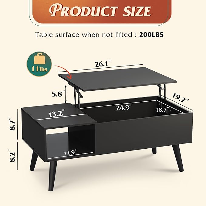 WLIVE Coffee Table for Living Room, Lift Top Coffee Table