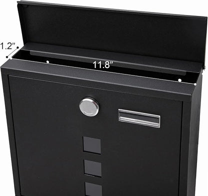 Jssmst Locking Mailbox Wall Mount, Black Mailboxes with Secure Key Lock and Newspaper Compartment, Key Lock Drop Box Large Capacity with Galvanized Cover and Rust-Proof Metal Mailbox, HPB2210 Black