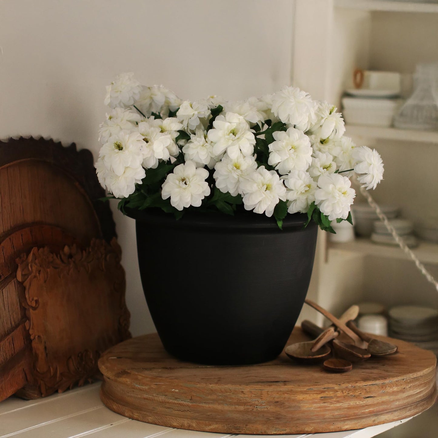 The HC Companies Sevilla Flower Planters - Durable Outdoor & Indoor Planter - Round Lightweight Self Watering Plant Pots for Herbs & More (14" Black, Pack of 1)