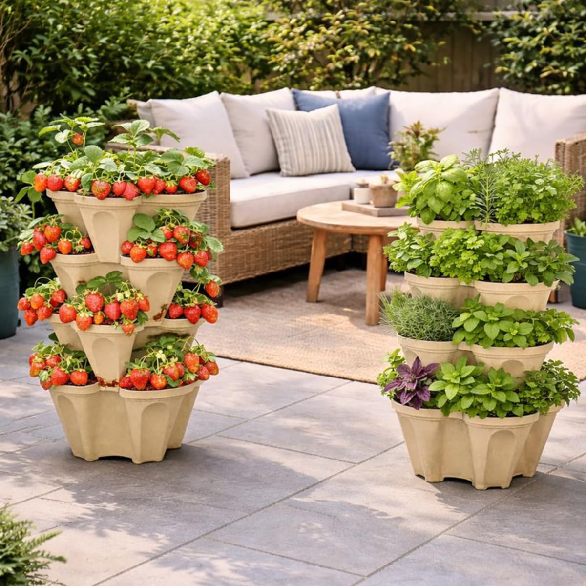 smart spring Large Vertical Planter Tower, 4 Tier Stackable Garden Planter, 28 Plant Sites, Heavy Duty Strawberry Planter, Vertical Growing System with Center Hole, Made in USA (Desert Sand)