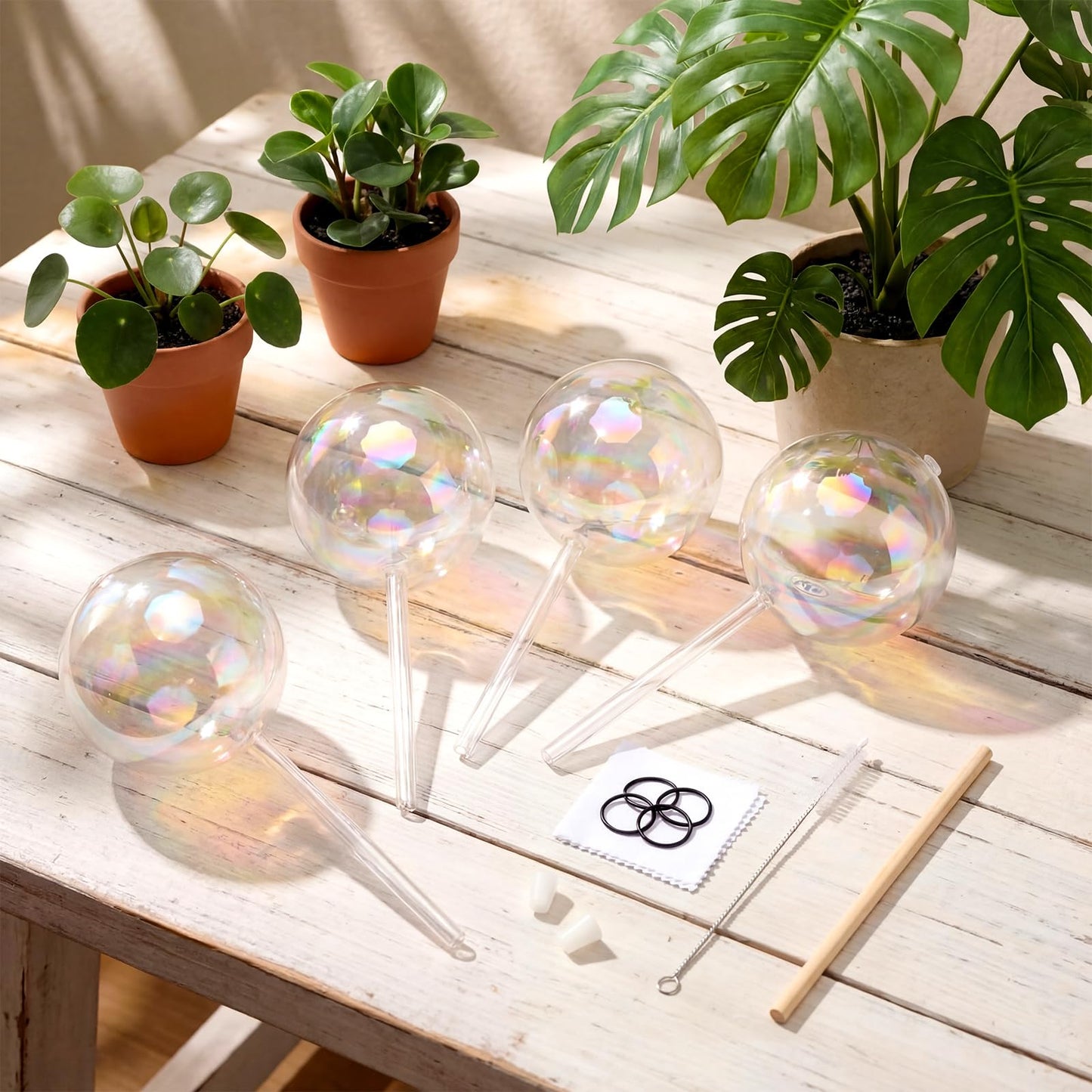 Chumia 4 Pcs 23 oz Glass Plant Self Watering Globes Large Iridescent Plant Watering Devices Vacation Self Water Globes for Indoor Outdoor Potted Water Devices