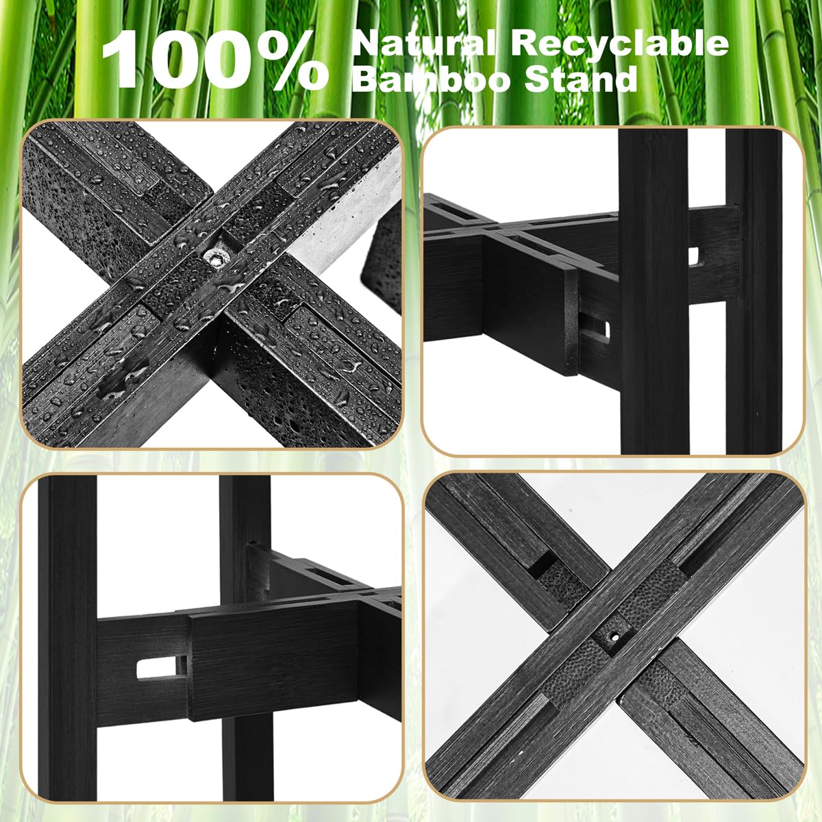 Rnined Adjustable Plant Stand Indoor,Bamboo Mid Century Modern Plants Stands, Stable Plant Holder,Fit 8 9 10 11 12 inch Pots (Pot & Plant Not Included)(Black)