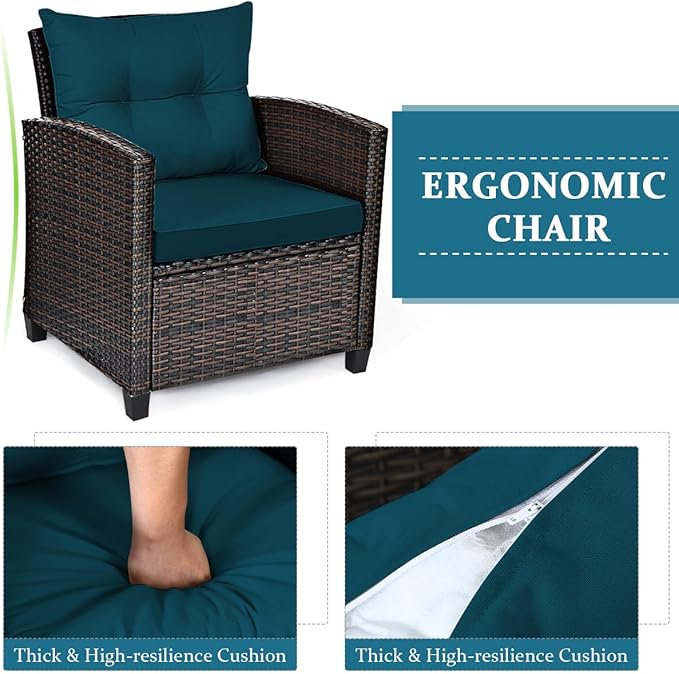 COSTWAY 3PCS Patio Furniture Set, PE Rattan Wicker Sofa w/Washable Cushion and